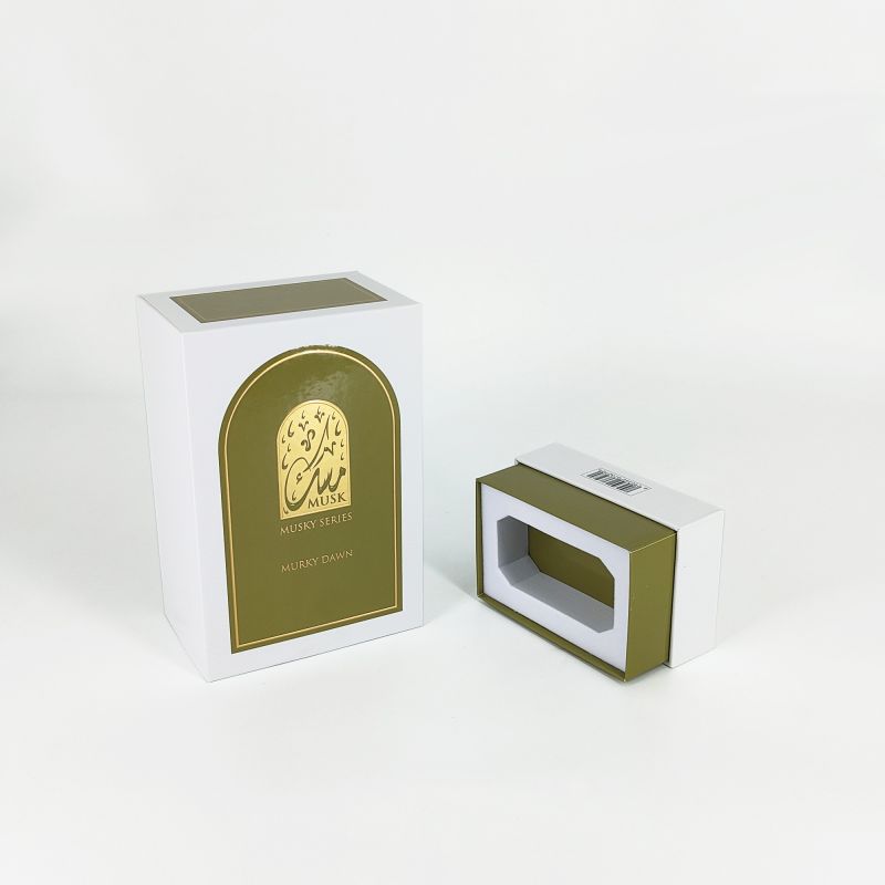 Guldfolie präglad parfymbox med Eva -bricka, styv bas och elegant LID -design HP031