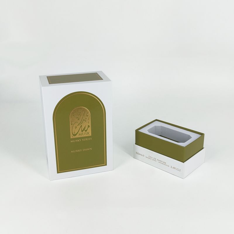 Guldfolie präglad parfymbox med Eva -bricka, styv bas och elegant LID -design HP031